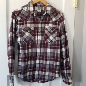Levi's Long Sleeve Plaid Pearl Snap Front Button Shirt Maroon/White  Sz S